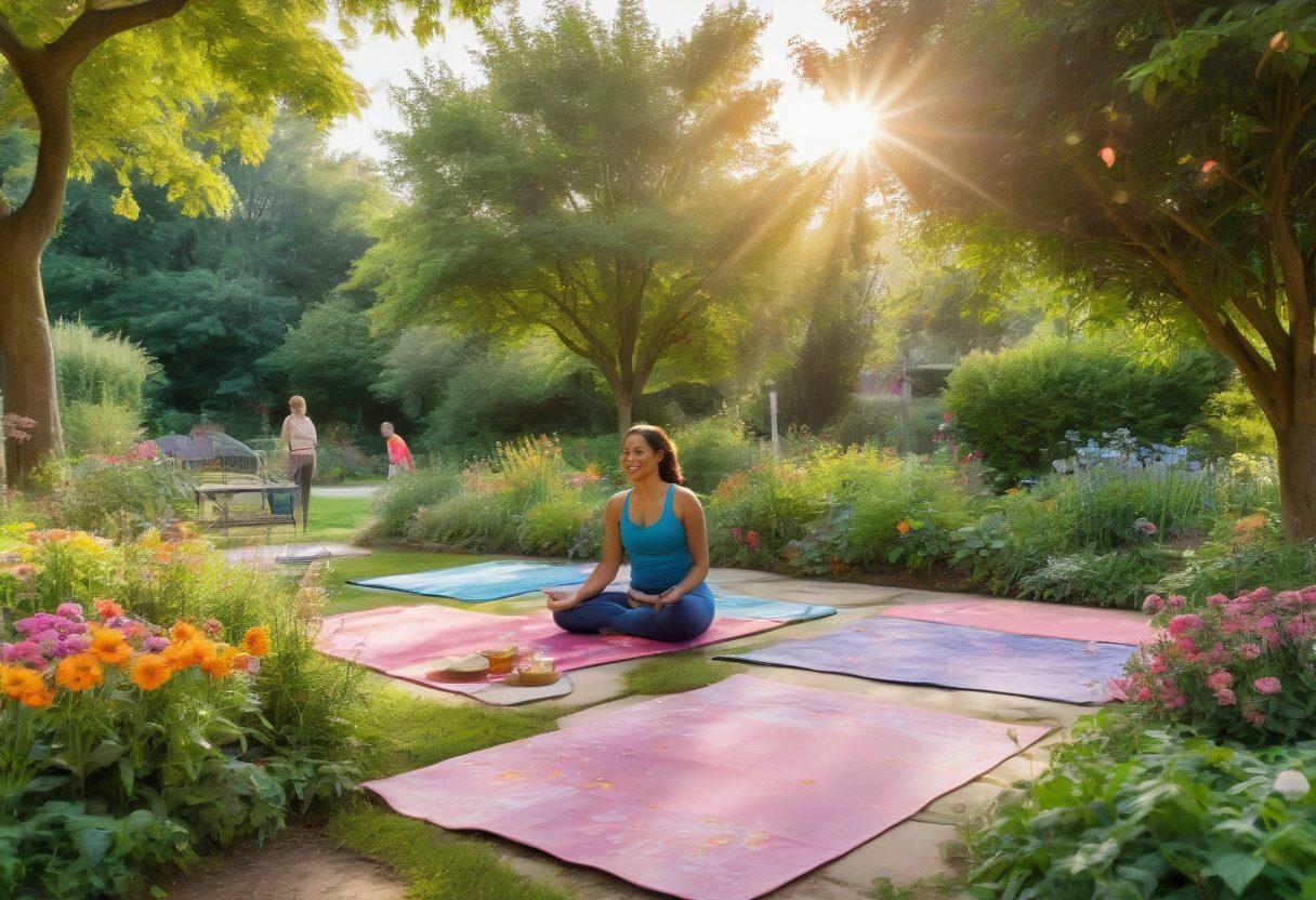 Illustrate a serene garden setting featuring a diverse group of people enjoying various joyful activities such as yoga, laughter, and gardening, symbolizing the journey to joint health. Include vibrant flowers, soft sunlight filtering through trees, and elements that represent rheumatology care, like healthy foods and exercise equipment. Capture smiles and a sense of community. watercolor painting. bright colors.