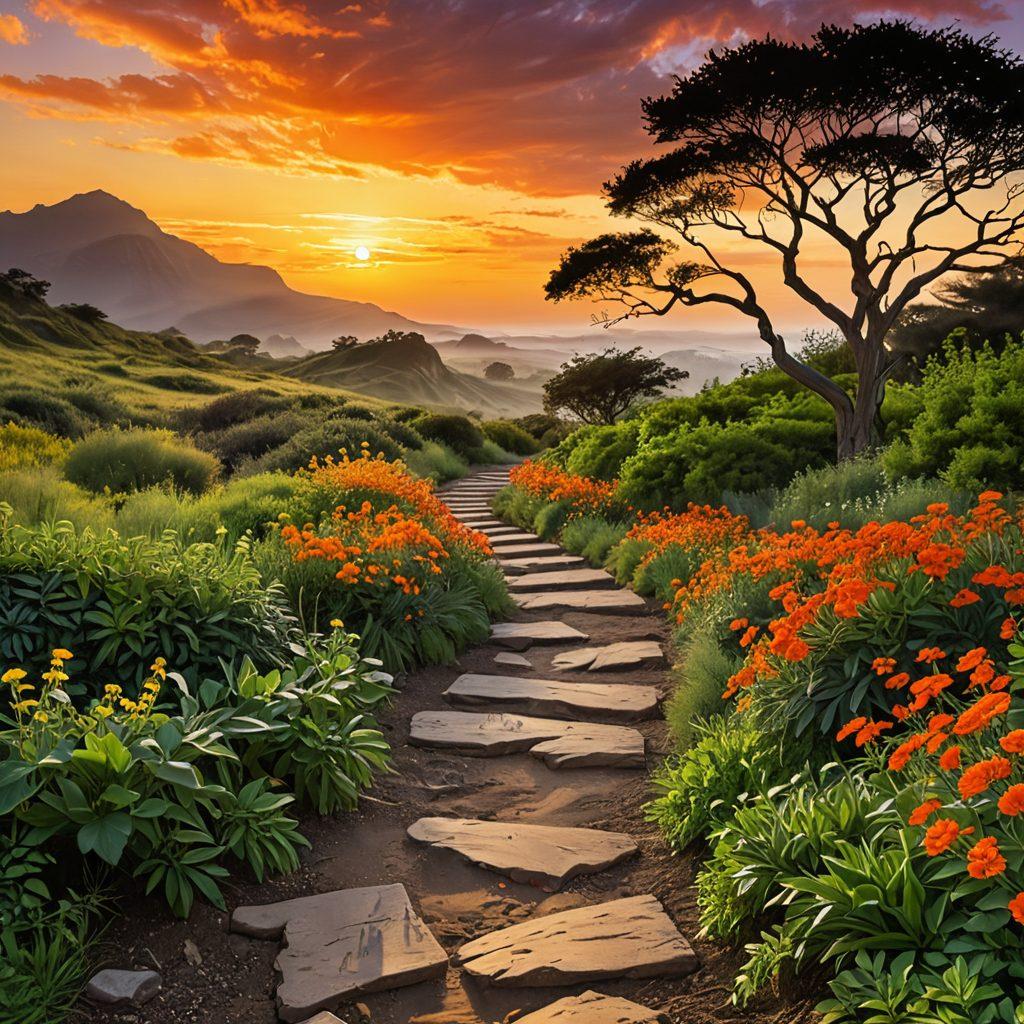 A serene path winding through a vibrant landscape, symbolizing the journey from pain to pleasure. Lush greenery on one side representing hope and healing, while the other side features abstract representations of past struggles like shadows or dark clouds. Include a bright sun setting in the background, casting warm, inviting colors across the scene. A figure walking along the path, embodying resilience and determination. painterly style. vibrant colors. uplifting atmosphere.