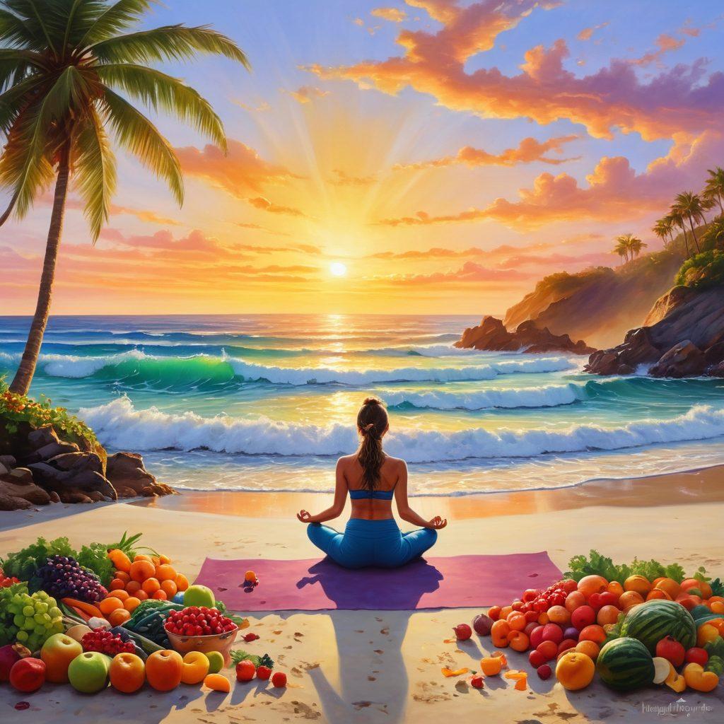 A serene landscape depicting a person practicing yoga on a sunlit beach, surrounded by nature's beauty. Include elements like healthy food options such as fruits and vegetables in the foreground, and symbols of happiness like laughter and connection with loved ones. Emphasize a peaceful atmosphere with soft colors and gentle waves in the background. vibrant colors. super-realistic.